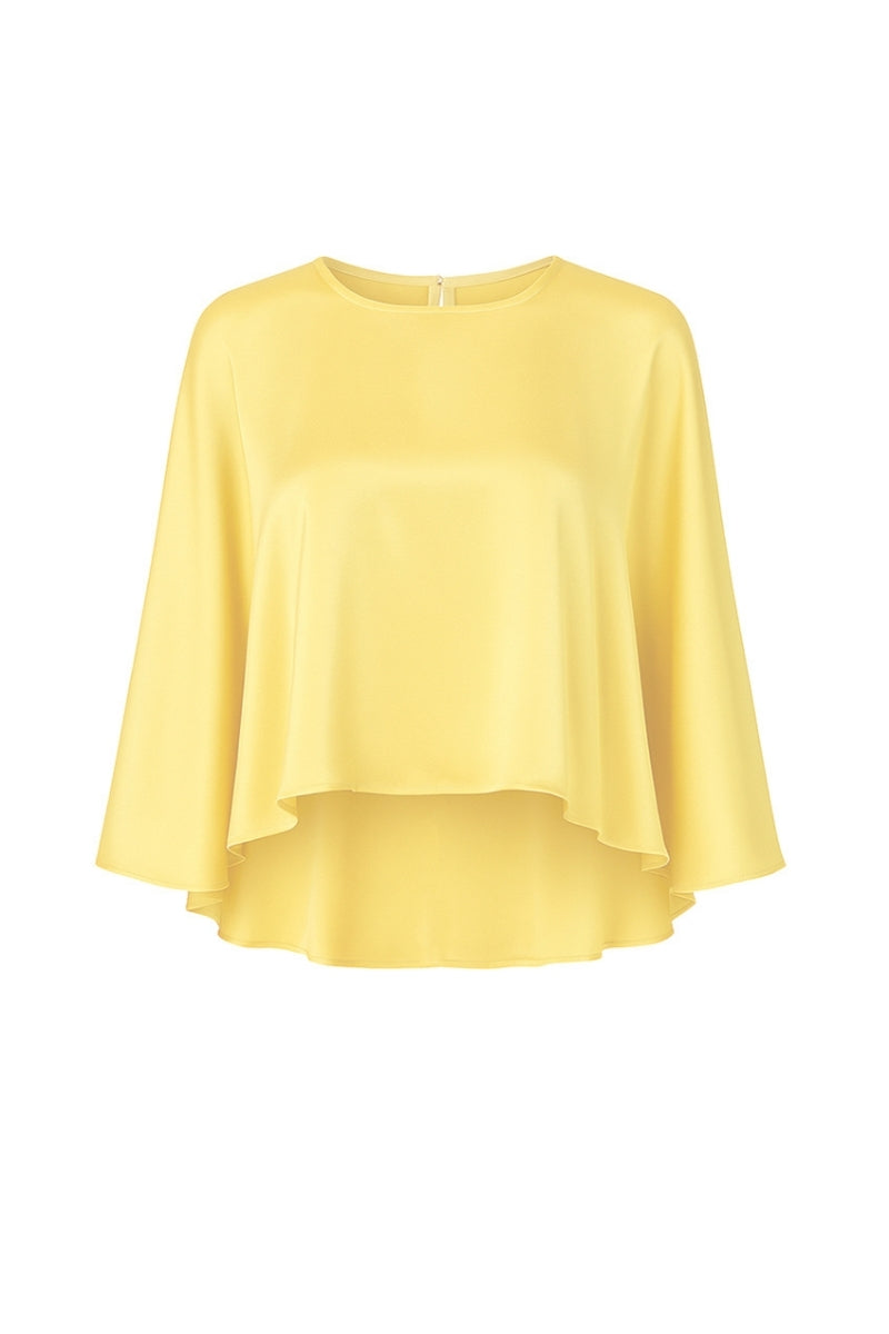 Nazlı Ceren VIONA satin cape in vibrant Lemon Zest color, stylish jacket with smooth satin fabric and elegant drape.