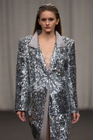 Lili Blanc sequin longline coat with shimmering embellishments and tailored fit, stylish outerwear for a chic look.