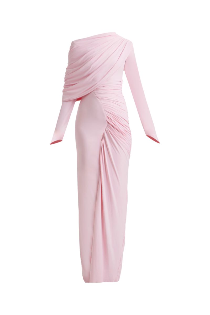 Deme By Gabriella Russett Dress in Noa Pink, elegant gown with flowing fabric and delicate details, suitable for formal occasions.