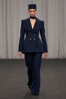 Lili Blanc tailored straight-leg denim trousers, stylish pants with a classic fit, shown in a light blue denim fabric.