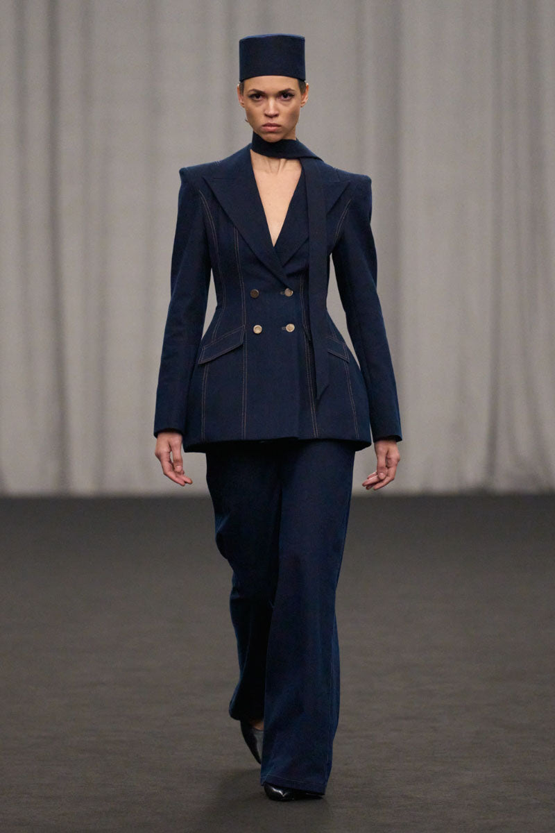 Lili Blanc tailored straight-leg denim trousers, stylish pants with a classic fit, shown in a light blue denim fabric.