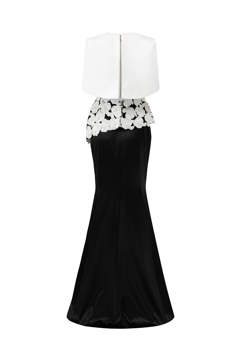 Lune De Soie pearl taffeta dress and cape co-ords set, elegant formal wear with a flowing taffeta fabric and matching cape accessory.