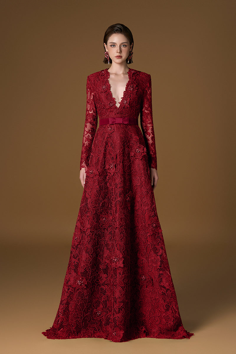 CHELSEA GUIPURE LACE AND TAFFETA GOWN IN RED | CULT MIA | I.H.F CHELSEA GUIPURE LACE AND TAFFETA GOWN IN RED | CULT MIA | I.H.F