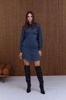 Undress Haven Deep Blue Mini Shirt Dress featuring a collared neckline, button front, and short sleeves on a model.