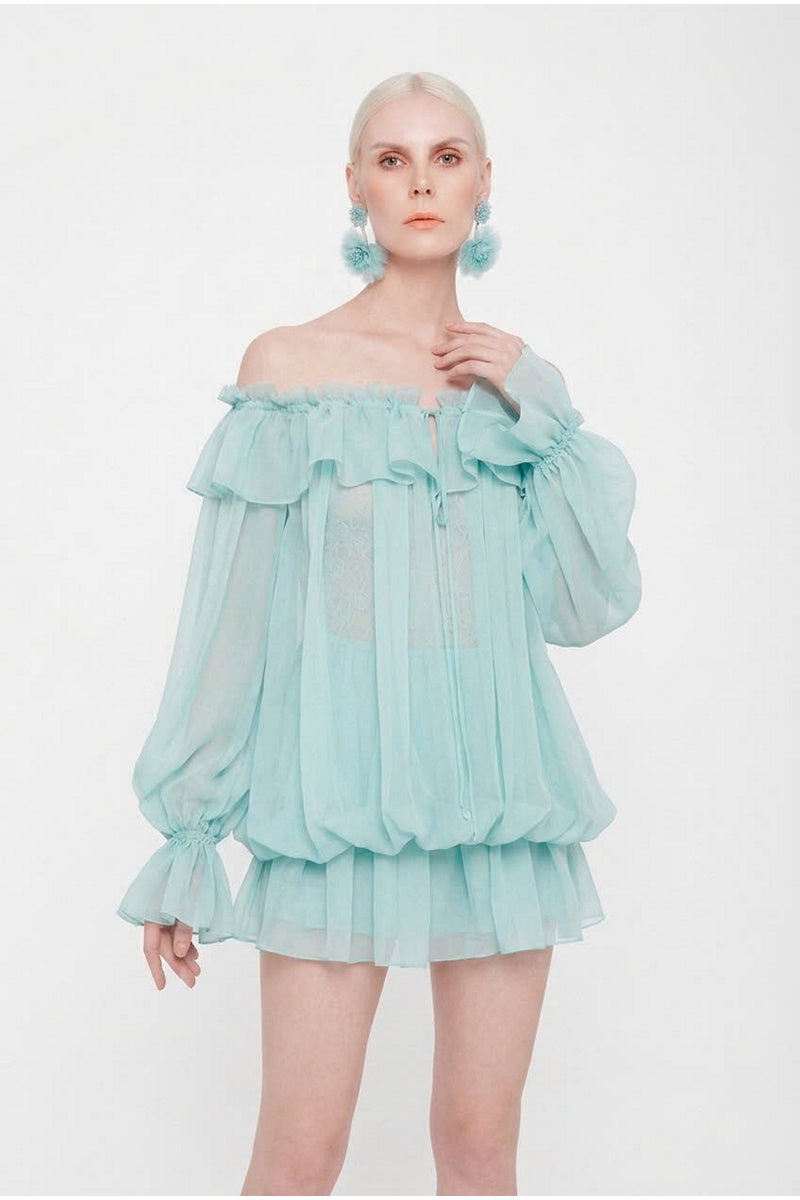 Valenciani off-shoulder mini dress scarf with elegant, lightweight fabric and stylish design, perfect for accessorizing or layering.