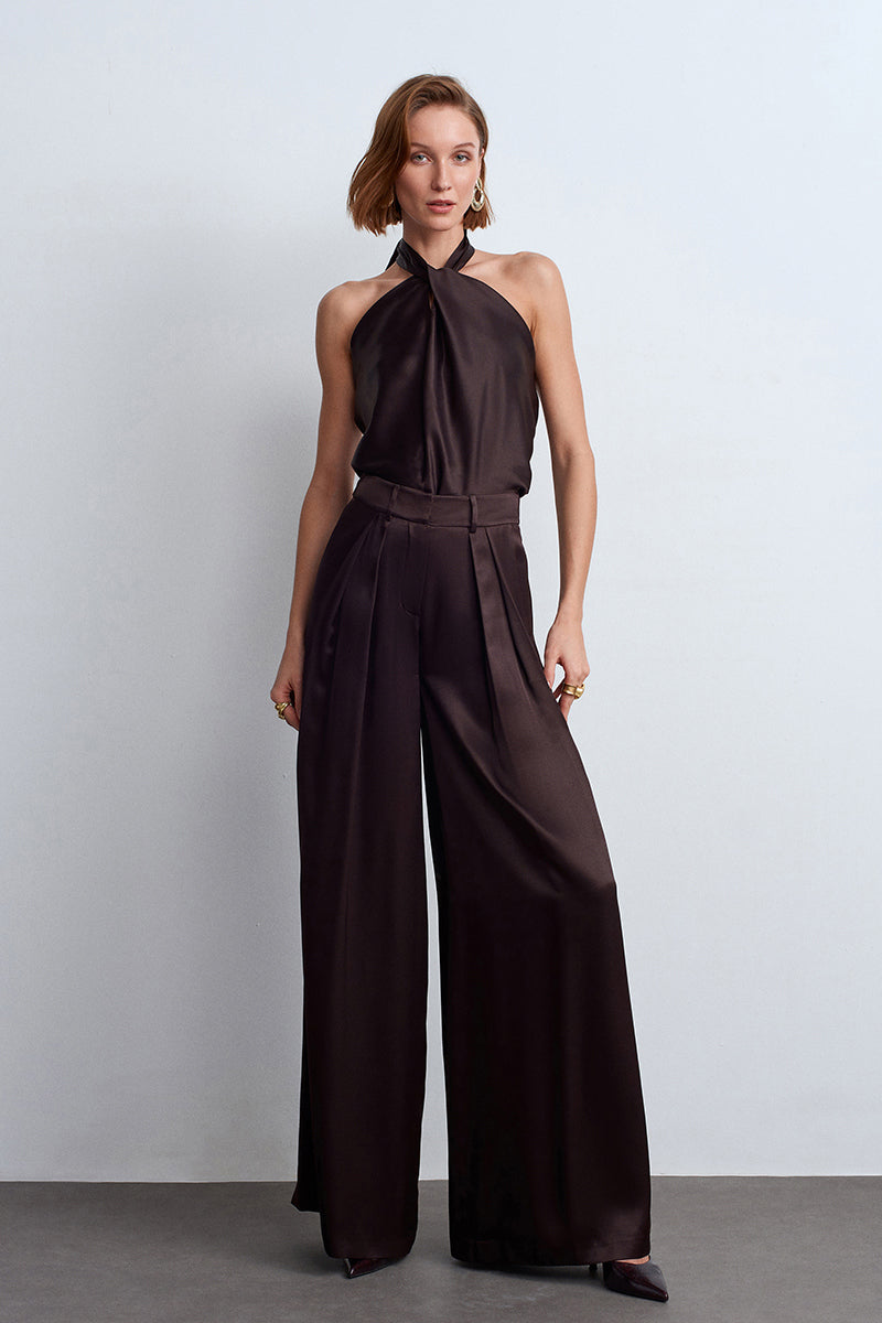 JILL SATIN PANTS IN DARK BROWN