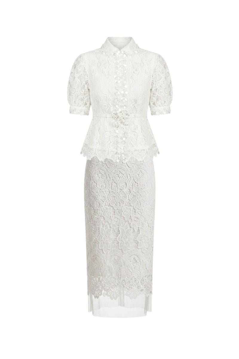 Ivory lace charm set co-ords by White Plan, featuring a matching lace top and bottoms with elegant detailing.