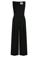 Black asymmetric-beck sleeveless jumpsuit by JINSUN, featuring a modern design with unique shoulder details and a fitted silhouette.