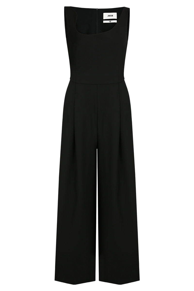 Black asymmetric-beck sleeveless jumpsuit by JINSUN, featuring a modern design with unique shoulder details and a fitted silhouette.