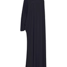 Black satin maxi dress with one-shoulder design by Nazlı Ceren, featuring elegant flowing fabric and a sophisticated silhouette.