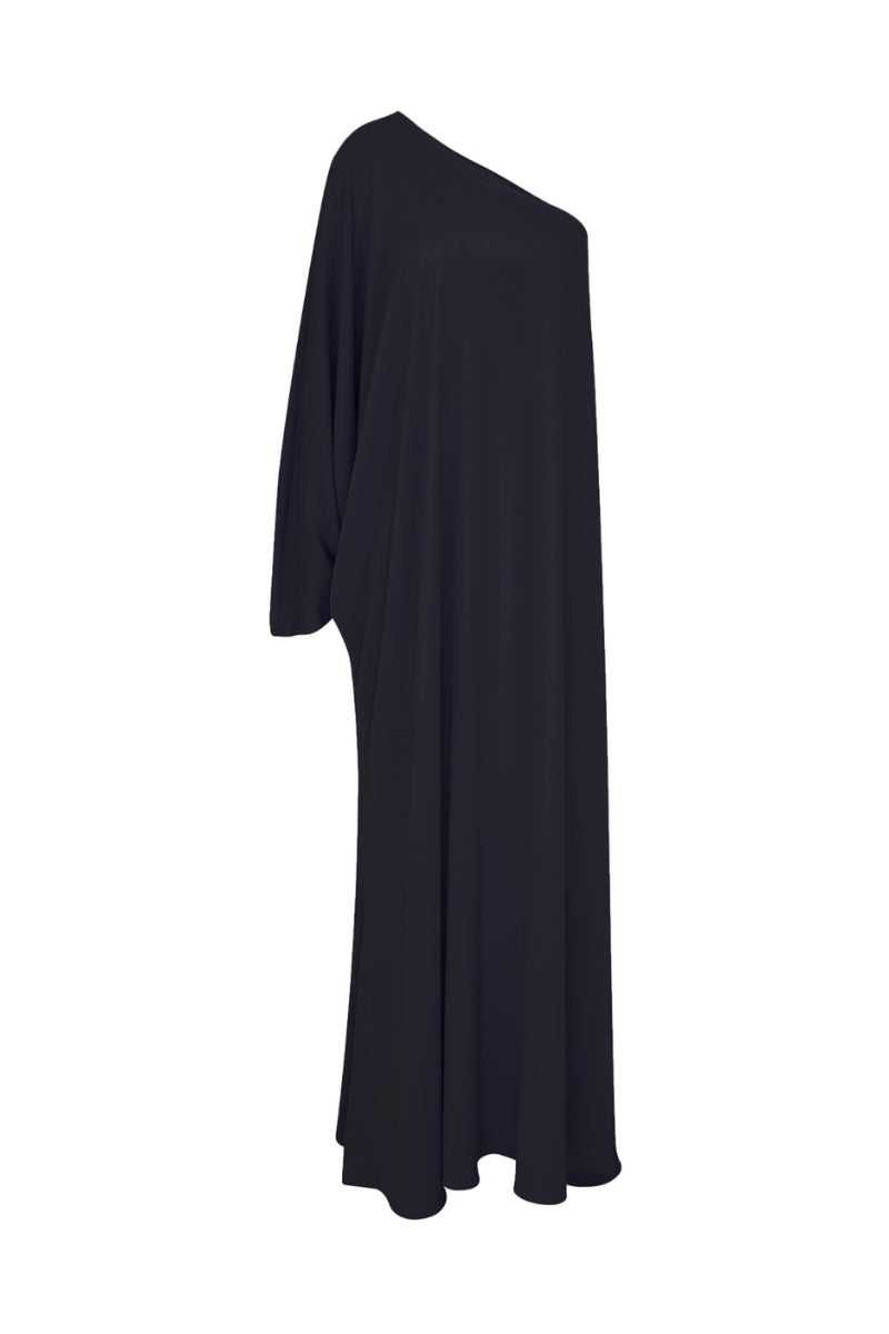 VENUS ONE-SHOULDER SATIN MAXI DRESS IN BLACK