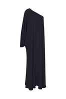 Black satin maxi dress with one-shoulder design by Nazlı Ceren, featuring elegant flowing fabric and a sophisticated silhouette.