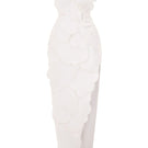 White CULT MIA X HAPPY CLOTHING sleeveless taffeta maxi dress with pegged sleeves, flowing and elegant for summer occasions.