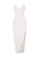 White CULT MIA X HAPPY CLOTHING sleeveless taffeta maxi dress with pegged sleeves, flowing and elegant for summer occasions.