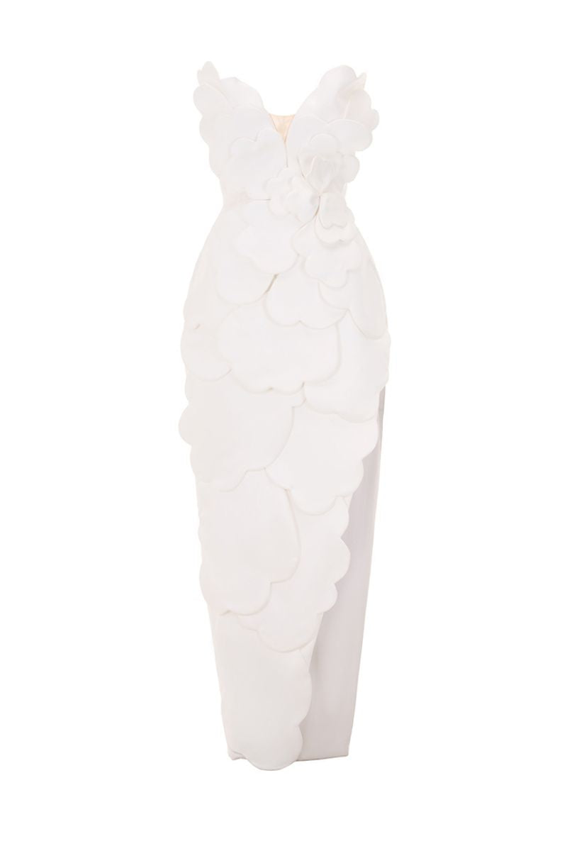 White CULT MIA X HAPPY CLOTHING sleeveless taffeta maxi dress with pegged sleeves, flowing and elegant for summer occasions.