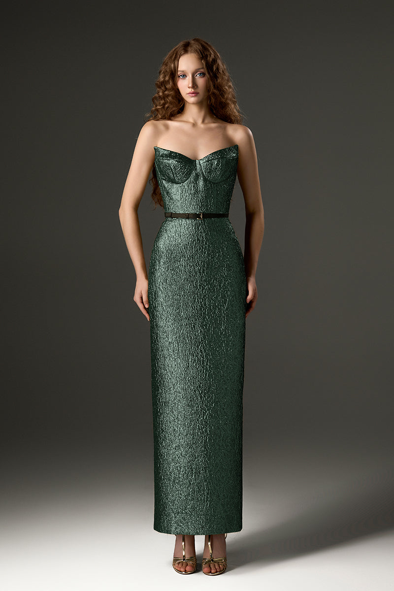 Green Lotus Jacquard Column Dress by I.H.F Studio, showcasing a fitted gown with intricate floral jacquard pattern.