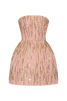 CEM strapless blush-toned mini dress with embellished details, fitted bodice, and short hemline, perfect for stylish occasions.