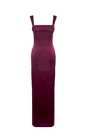 Nazlı Ceren Bridget long satin gown in spiced plum color, elegant floor-length dress with a smooth satin finish.