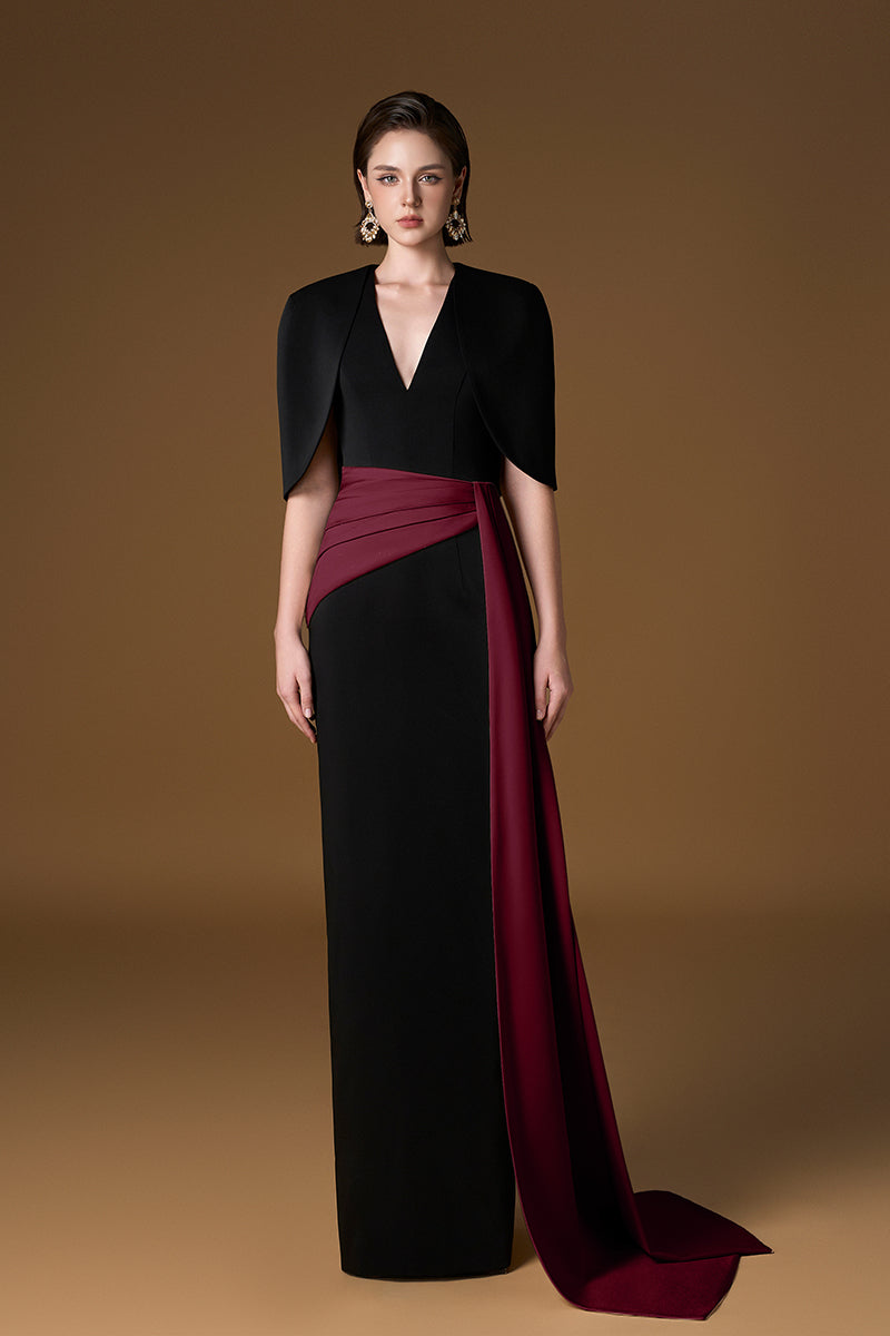 CREPE SILK LINED GOWN IN BLACK AND BORDEAUX