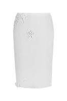 Off-white Belle lace knee-length midi skirt by Stolen Stores, featuring delicate lace fabric and a fitted waist.