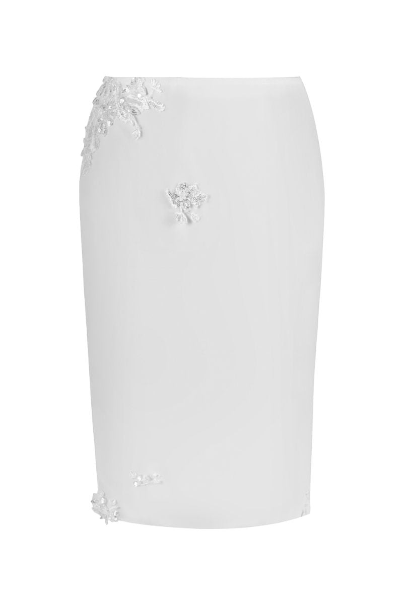 Off-white Belle lace knee-length midi skirt by Stolen Stores, featuring delicate lace fabric and a fitted waist.