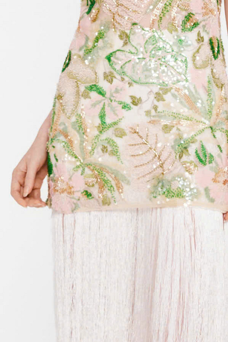 Valenciani sequin mini dress with multicolor fringe, featuring a midi length and shimmering embellishments on a stylish dress.