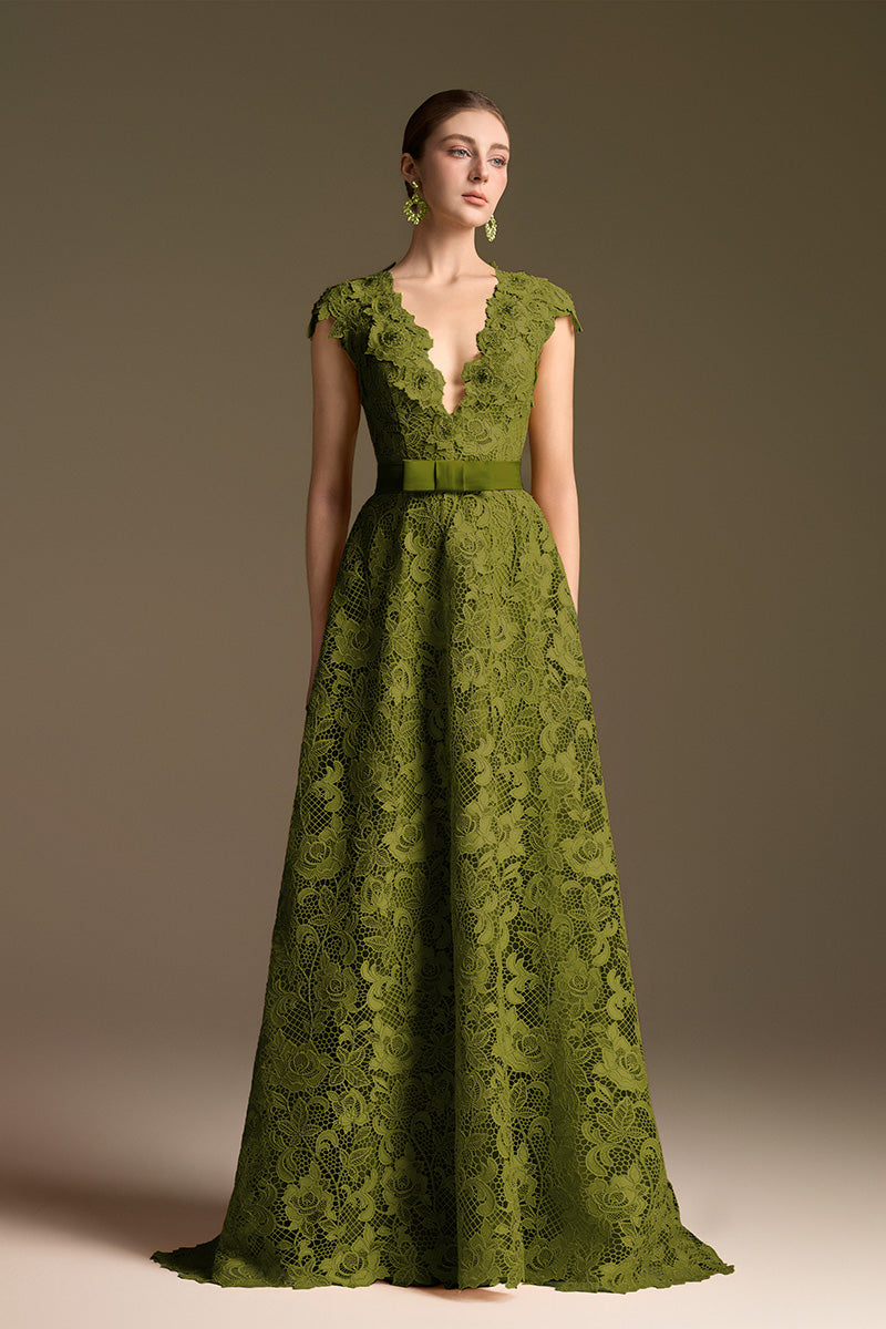 Green lace V-neck A-line gown by I.H.F, featuring a flowing silhouette and intricate lace details, perfect for formal occasions.
