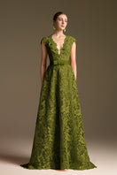 Green lace V-neck A-line gown by I.H.F, featuring intricate lace details and a flowing silhouette for elegant occasions.