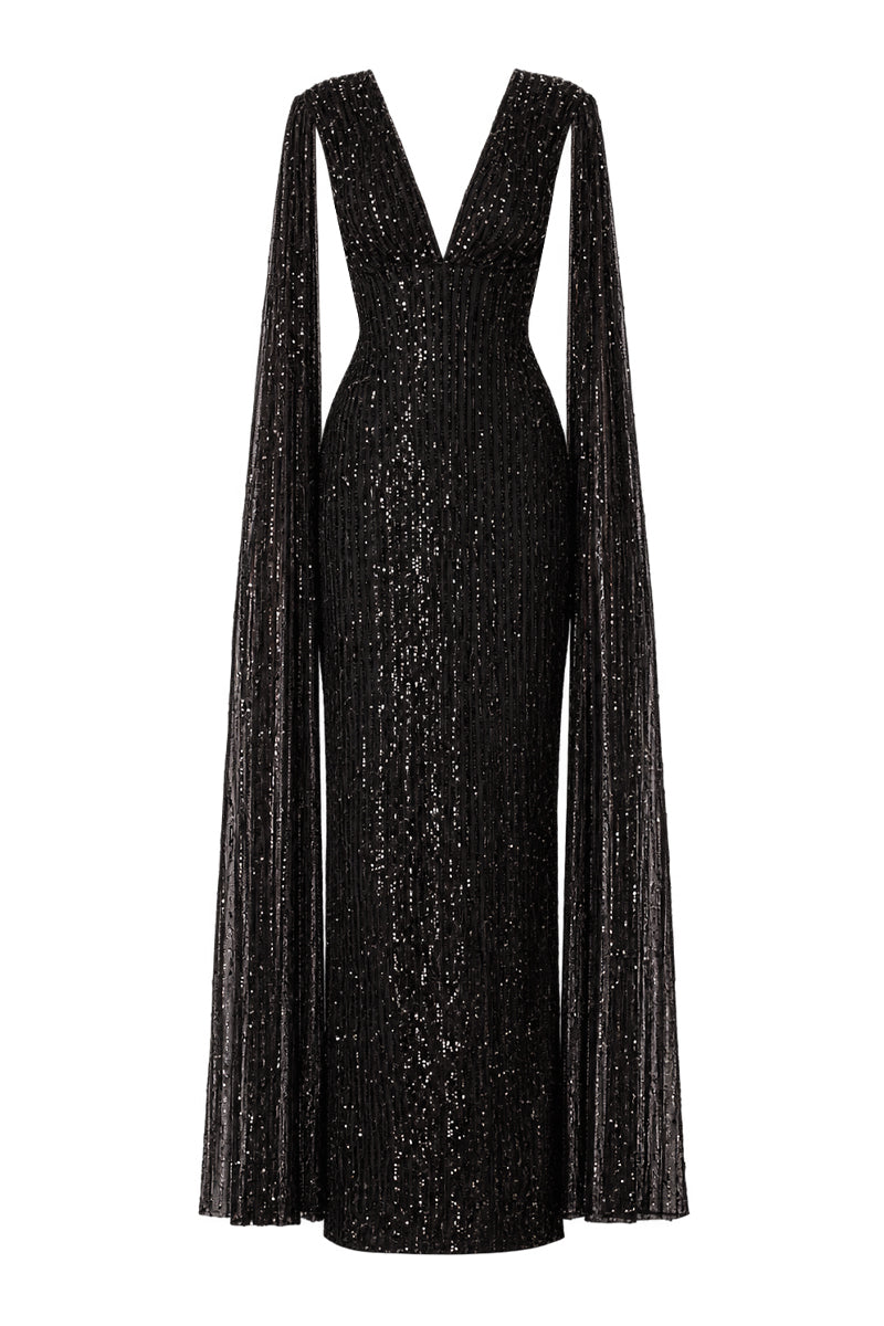 Nur Karaata Giovana gown displayed in soft fabric with elegant design, featuring a flowing silhouette perfect for formal occasions.