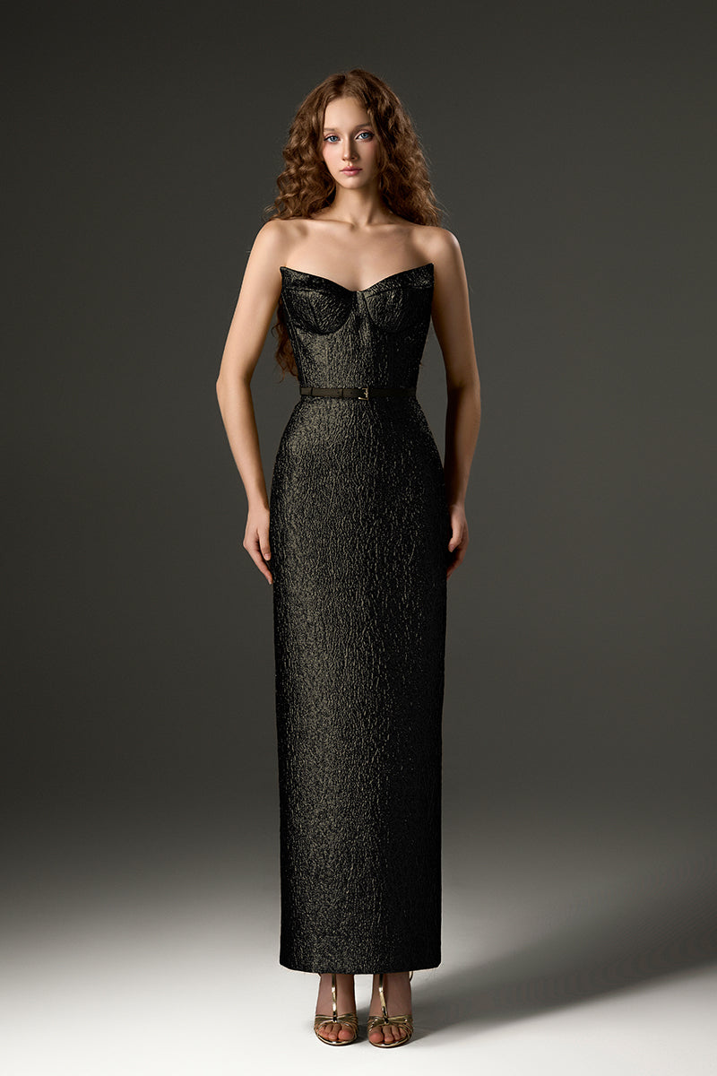 Black Lotus Jacquard Column Dress by I.H.F Studio, elegant gown with intricate jacquard fabric, form-fitting silhouette.