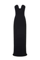 Black BALYKINA ARIA gown with elegant flowing fabric and long sleeves, displayed on a mannequin.