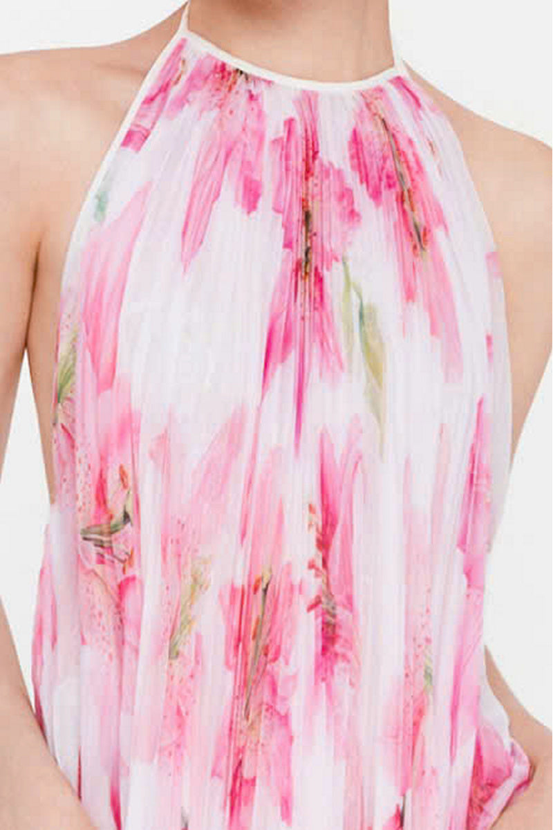 Valenciani halter neck pleated maxi dress in multicolor with flowing fabric and a stylish sleeveless design.