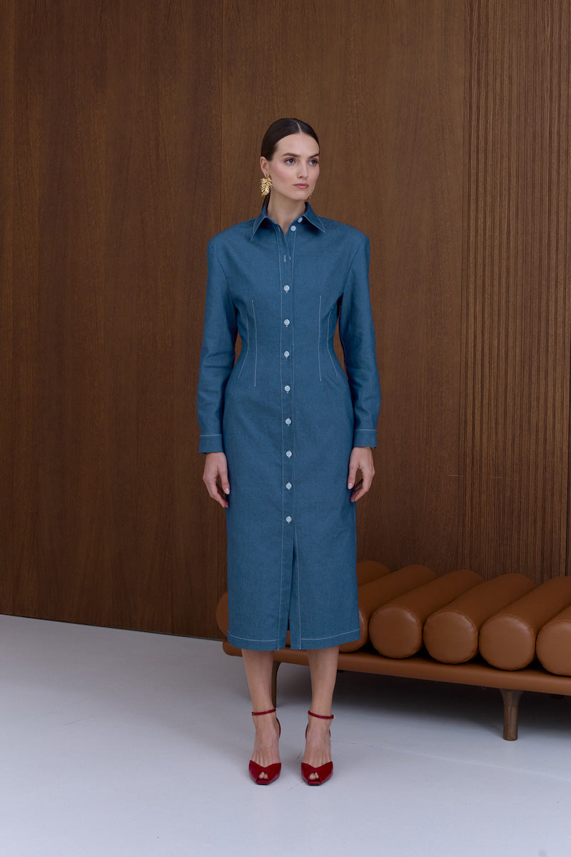 EDITH DENIM MIDI DRESS IN BLUE