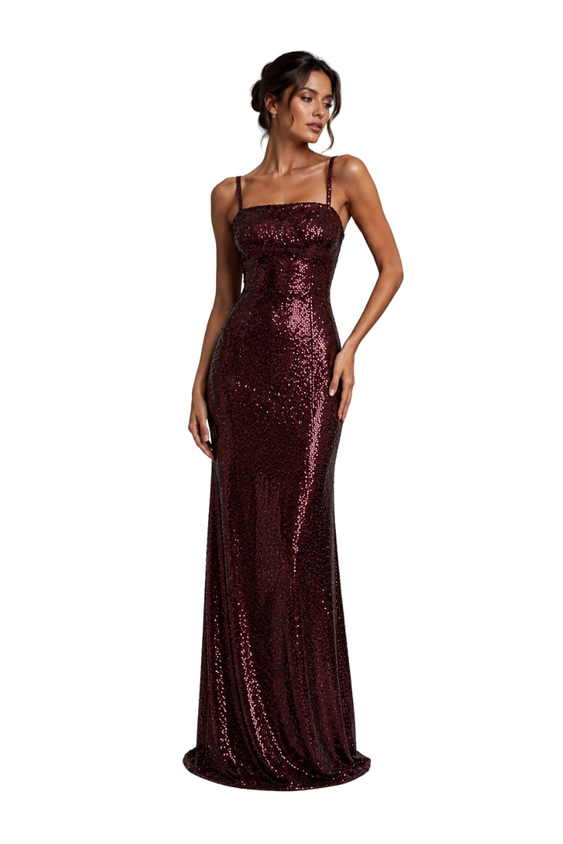 Lili Blanc burgundy cocoa ankle-length evening gown with elegant draping and fitted silhouette on model.