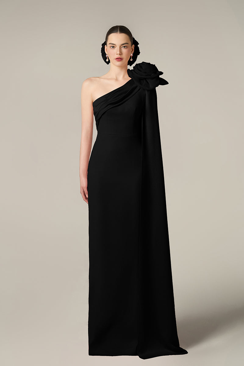 long black taffeta dress Pleated SUE SARTOR Flounce Gown