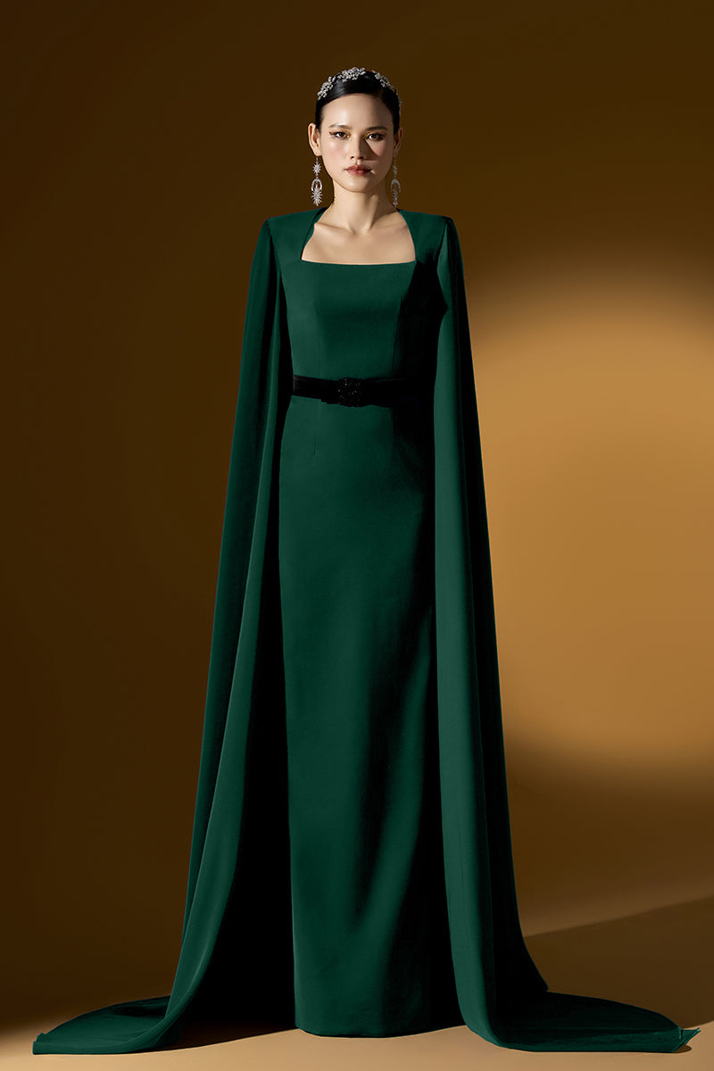 Elegant MICA crepe cape gown by I.H.F, featuring flowing fabric and stylish design for formal occasions.