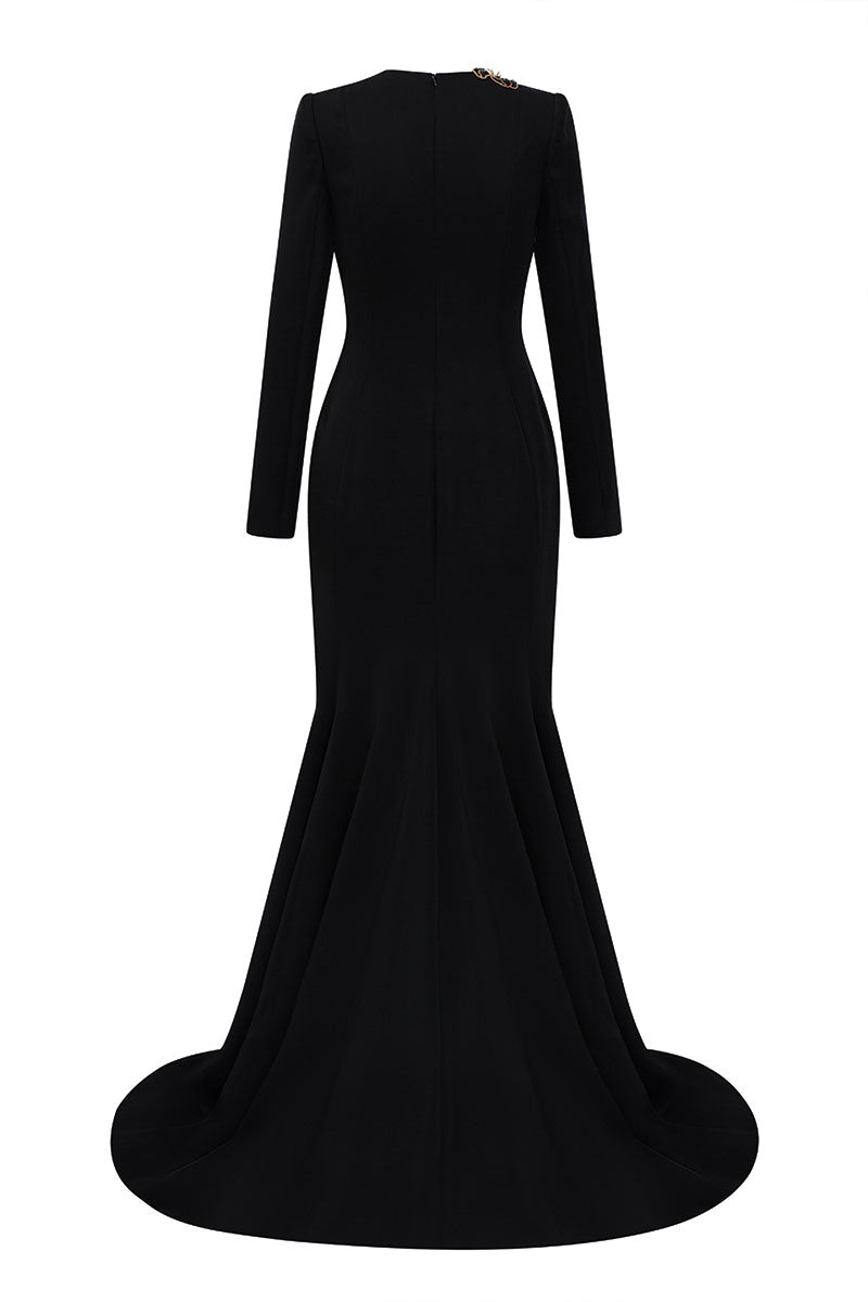 VELVET SATIN FLORAL EMBELLISHED DRESS IN BLACK - CULT MIA