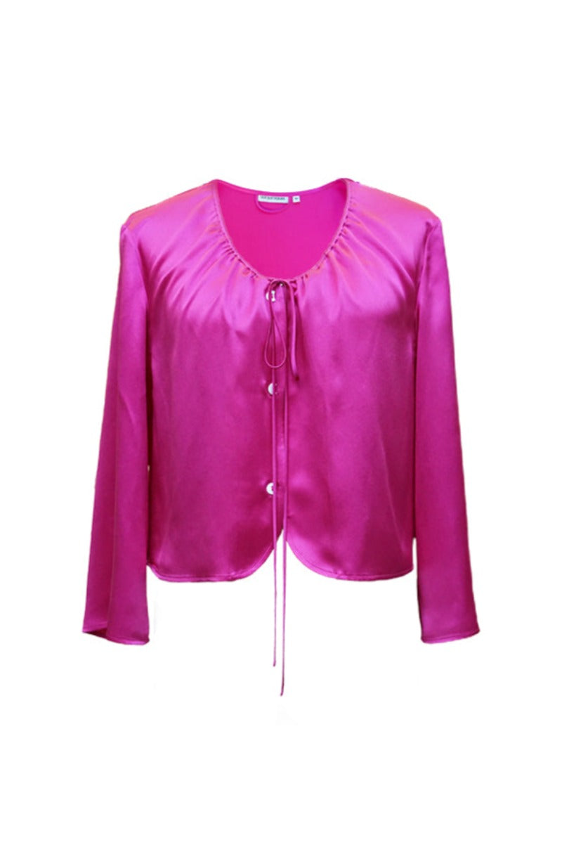 ROUND-NECK DRAWSTRING SILK LONG-SLEEVE SHIRT IN PINK - CULT MIA