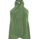 niLuu AQUAFLORA cross halter top in moss, front view showing the stylish halter neckline and vibrant green moss color.