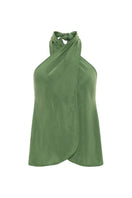 niLuu AQUAFLORA cross halter top in moss, front view showing the stylish halter neckline and vibrant green moss color.
