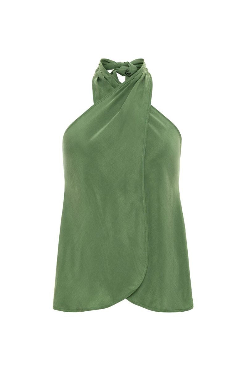 niLuu AQUAFLORA cross halter top in moss, front view showing the stylish halter neckline and vibrant green moss color.