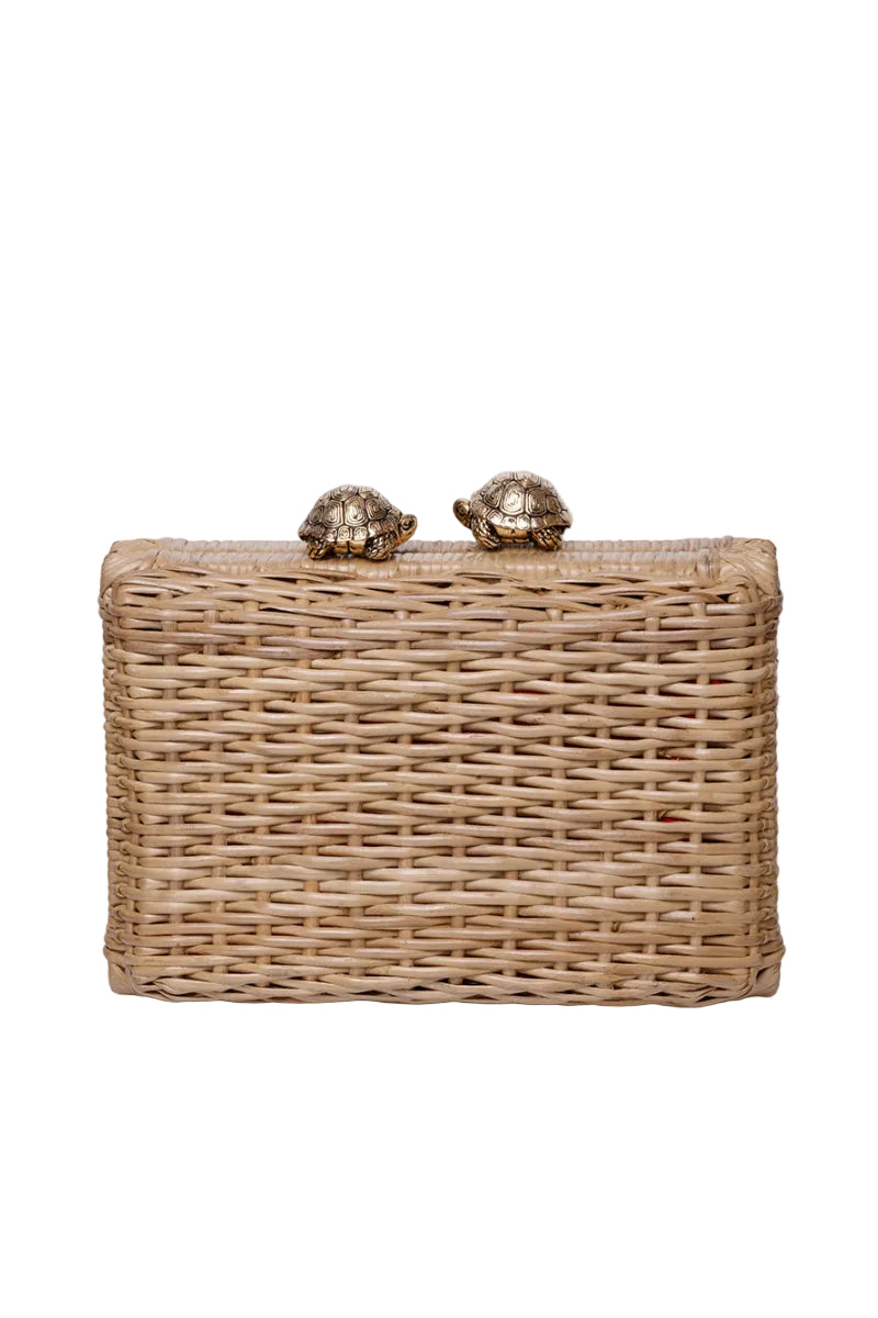Waiwai Rio Petit Rattan Turtle Clutch featuring a woven rattan turtle design with a sleek, compact shape and natural finish.