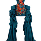 Le Thanh Hoa Azure Phoenix Dress, a stylish mini dress with vibrant patterns, displayed on a hanger.