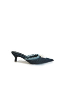 Christin Wu NALA DENIM kitten heels with pointed toe and block heel, stylish denim fabric, side zipper detail, perfect for casual or dressy wear.