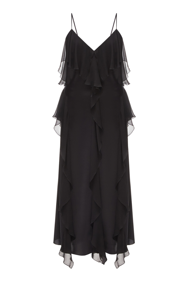 BLACK MIDI DRESS WITH SHIFFON RUFFLE DETAILS - CULT MIA