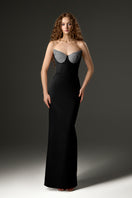 Black Lotus Taffeta Bustier Column Gown by I.H.F Studio, elegant strapless dress with fitted silhouette and smooth taffeta fabric.