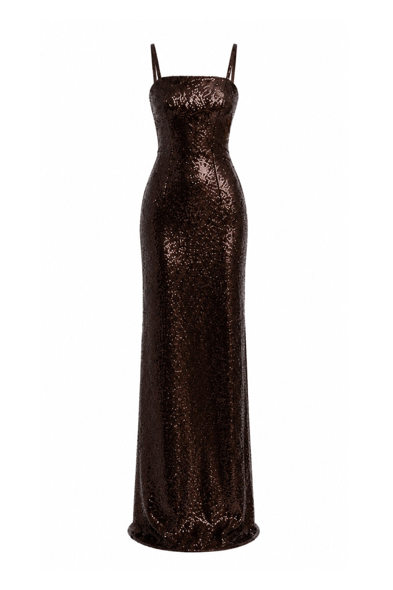 Lili Blanc cocoa ankle-length evening gown in brown with elegant fit and subtle detailing, perfect for formal occasions.
