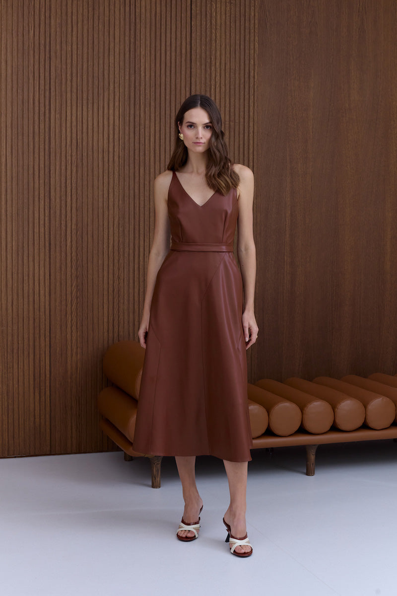 MALOU VEGAN LEATHER MIDI DRESS IN CHOCOLATE