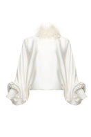 Beige Vaska feather-embellished blouse with long sleeves, stylish shirt perfect for elegant casual or evening wear.