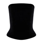 Black double corset top by BALYKINA, featuring structured design and adjustable straps, shown on a mannequin.